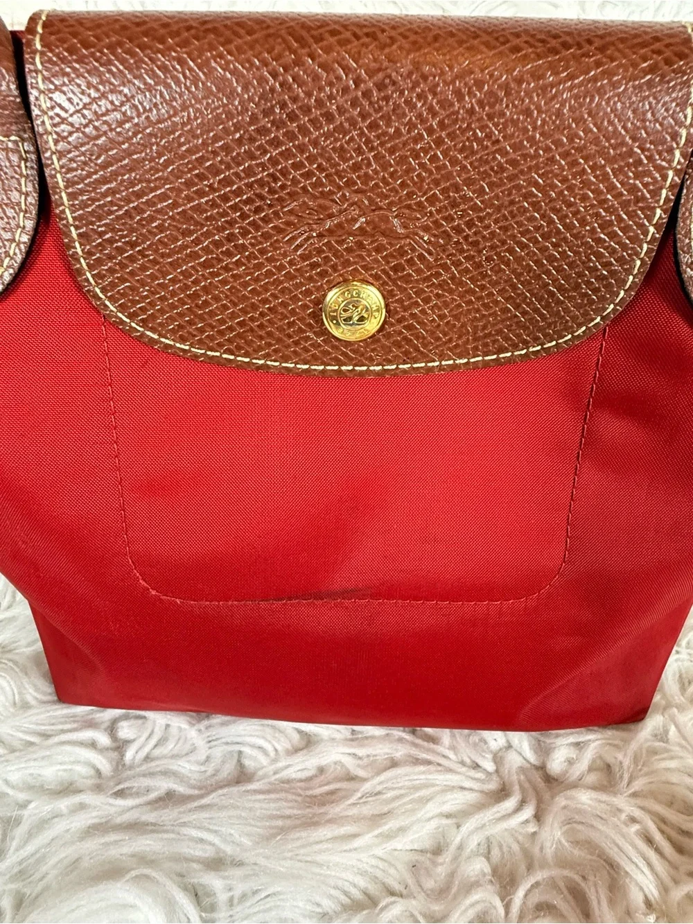 Original Longchamp Red Nylon Tote with Brown Leather Trim small